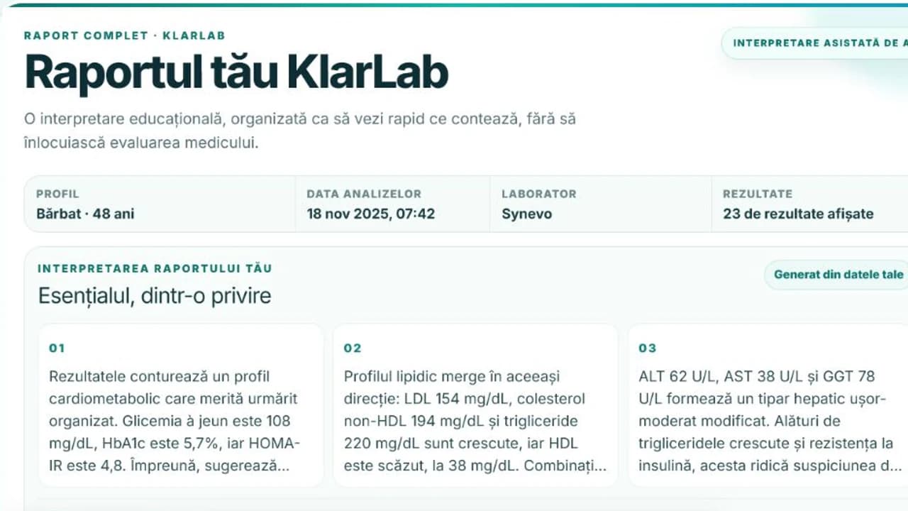 Exemplu de raport KlarLab pentru analize de laborator