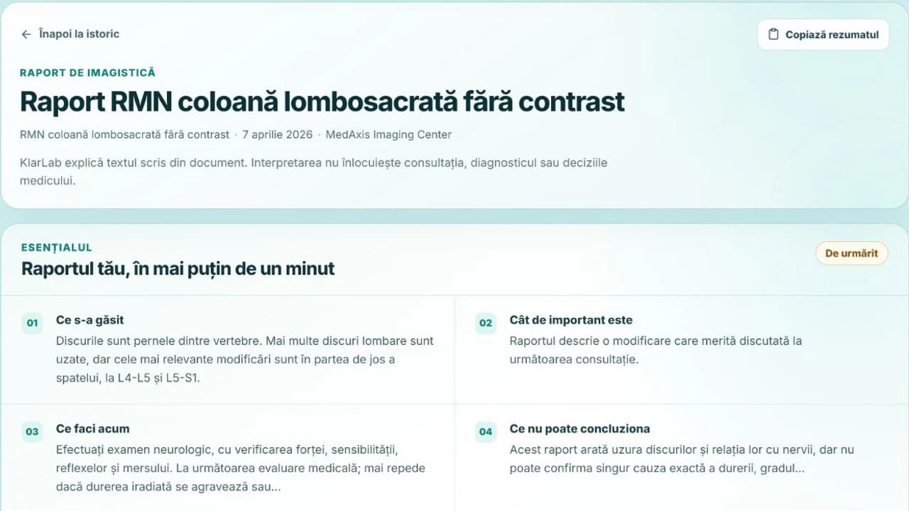 Exemplu de raport KlarLab pentru concluzia scrisă a unui RMN