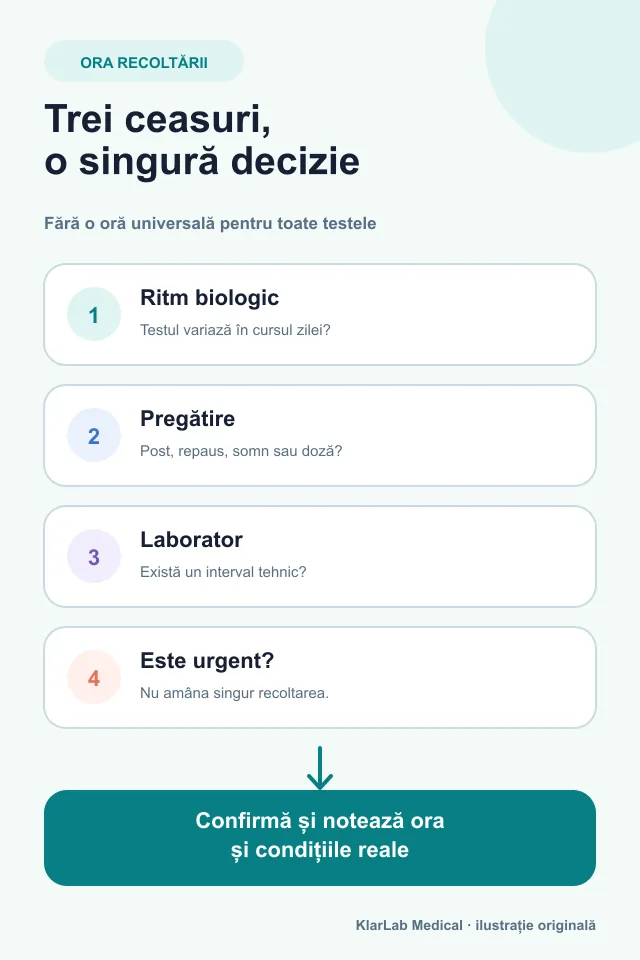 Hartă în cinci pași pentru alegerea orei de recoltare după ritmul biologic, post, medicamente, laborator și urgență