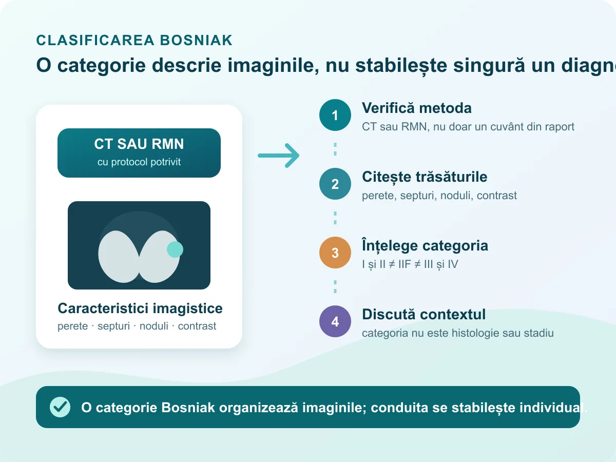 Diagramă cu cinci pași: investigație, caracterizare, trăsături imagistice, clasă Bosniak și discuție medicală
