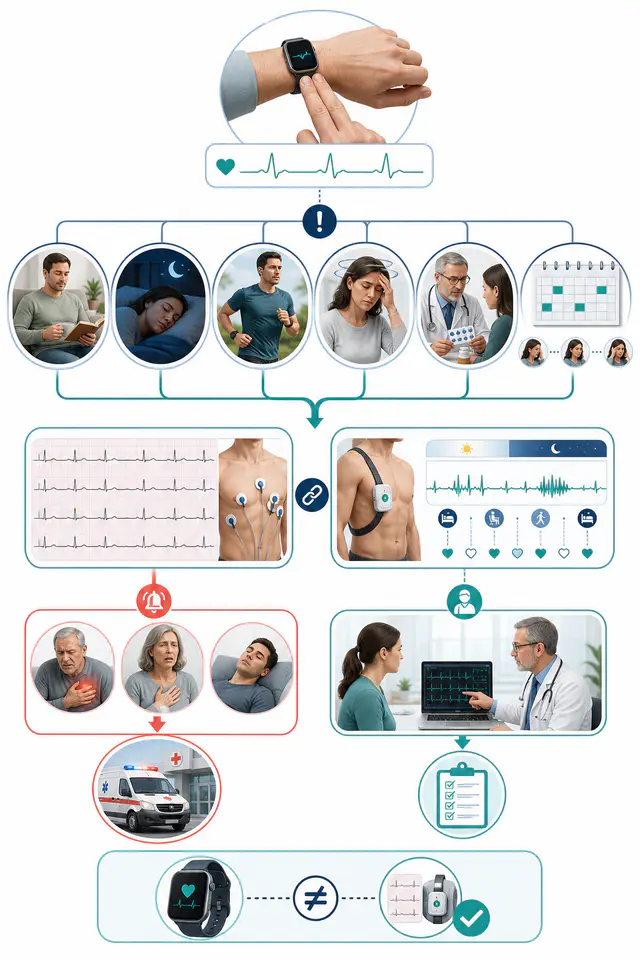 Hartă comparativă în patru pași pentru puls, EKG, Holter și contextul bradicardiei.
