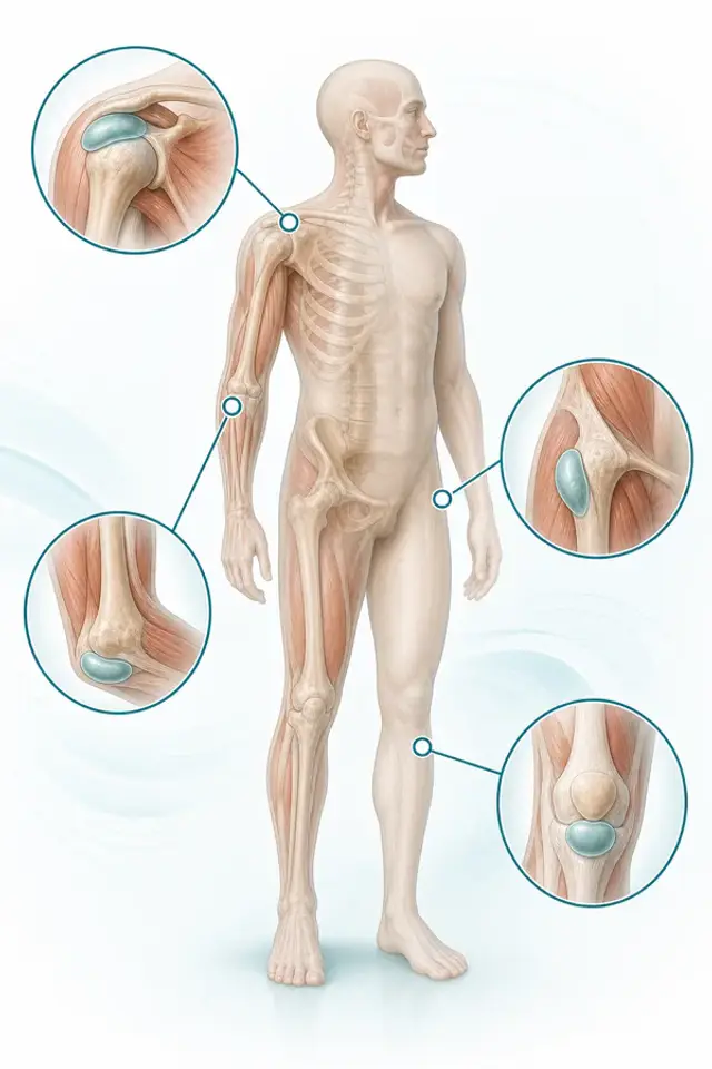 Hartă verticală cu bursă superficială și profundă, lichid, tendon asociat și situații care pot necesita analiza lichidului.