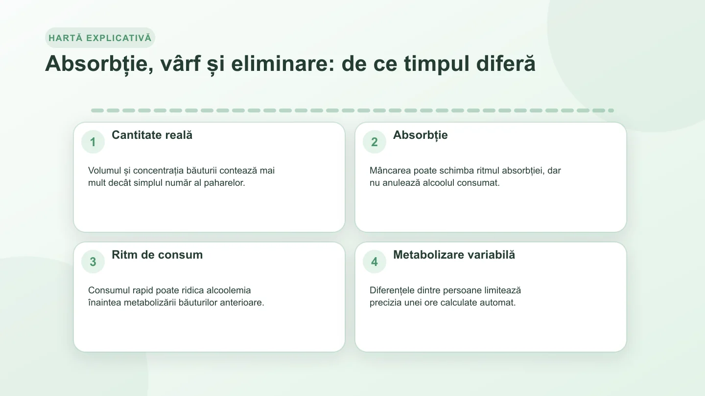 Cronologie despre cantitatea de alcool, absorbție, metabolizare și limita estimării unei ore sigure pentru condus