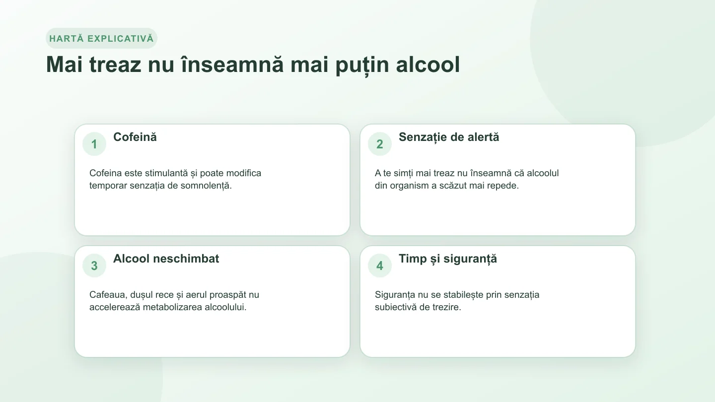 Comparație între senzația de vigilență după cafea și eliminarea alcoolului care continuă în ritmul organismului