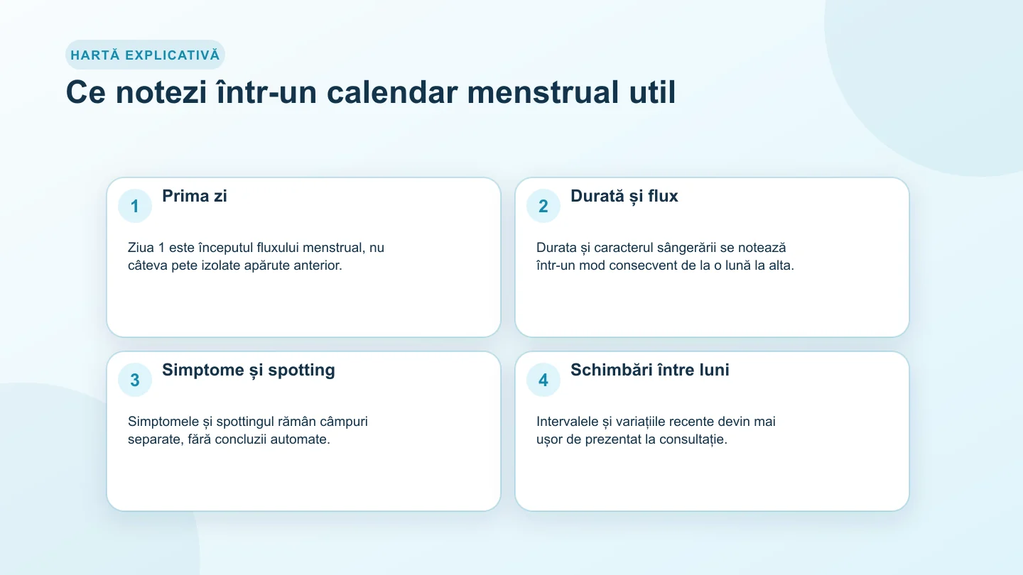 Hartă pentru calendarul menstrual cu prima zi a fluxului, durată, simptome, spotting și schimbări între luni