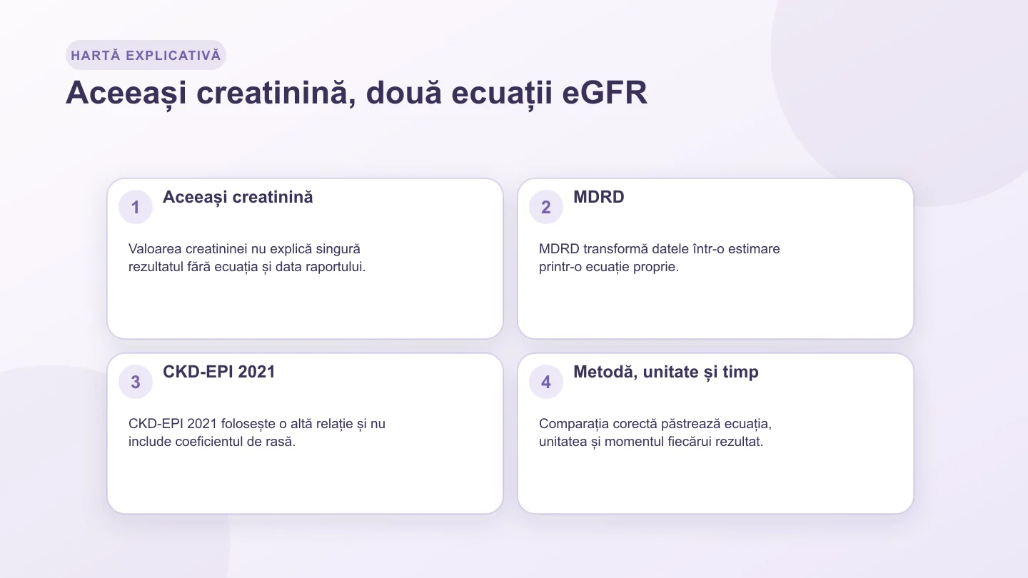 Comparație între ecuațiile MDRD și CKD-EPI 2021 pornind de la aceeași creatinină și păstrând unitatea și metoda