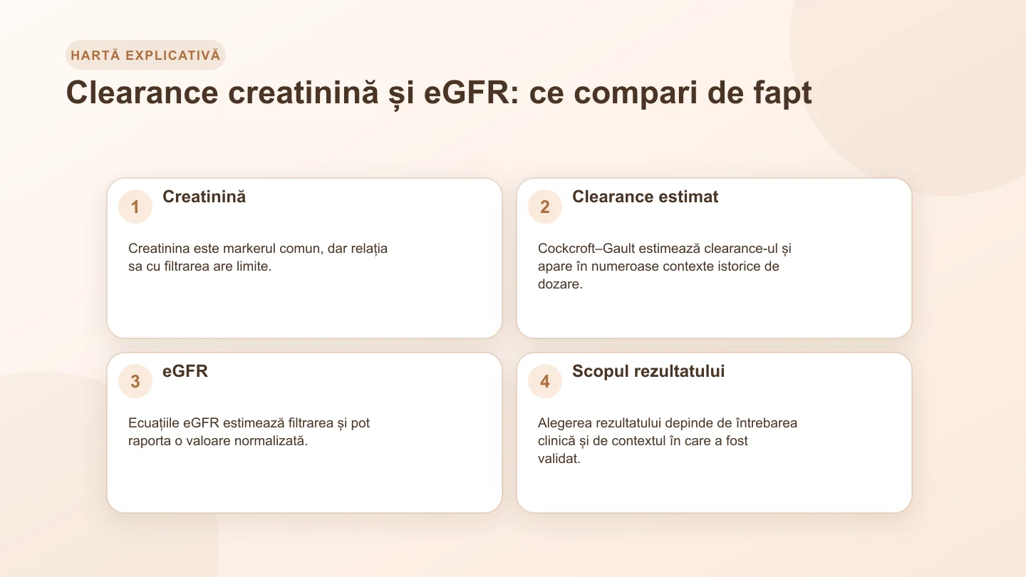 Comparație între clearance-ul creatininei și eGFR cu markerul, ecuația, unitățile și scopul fiecărui rezultat