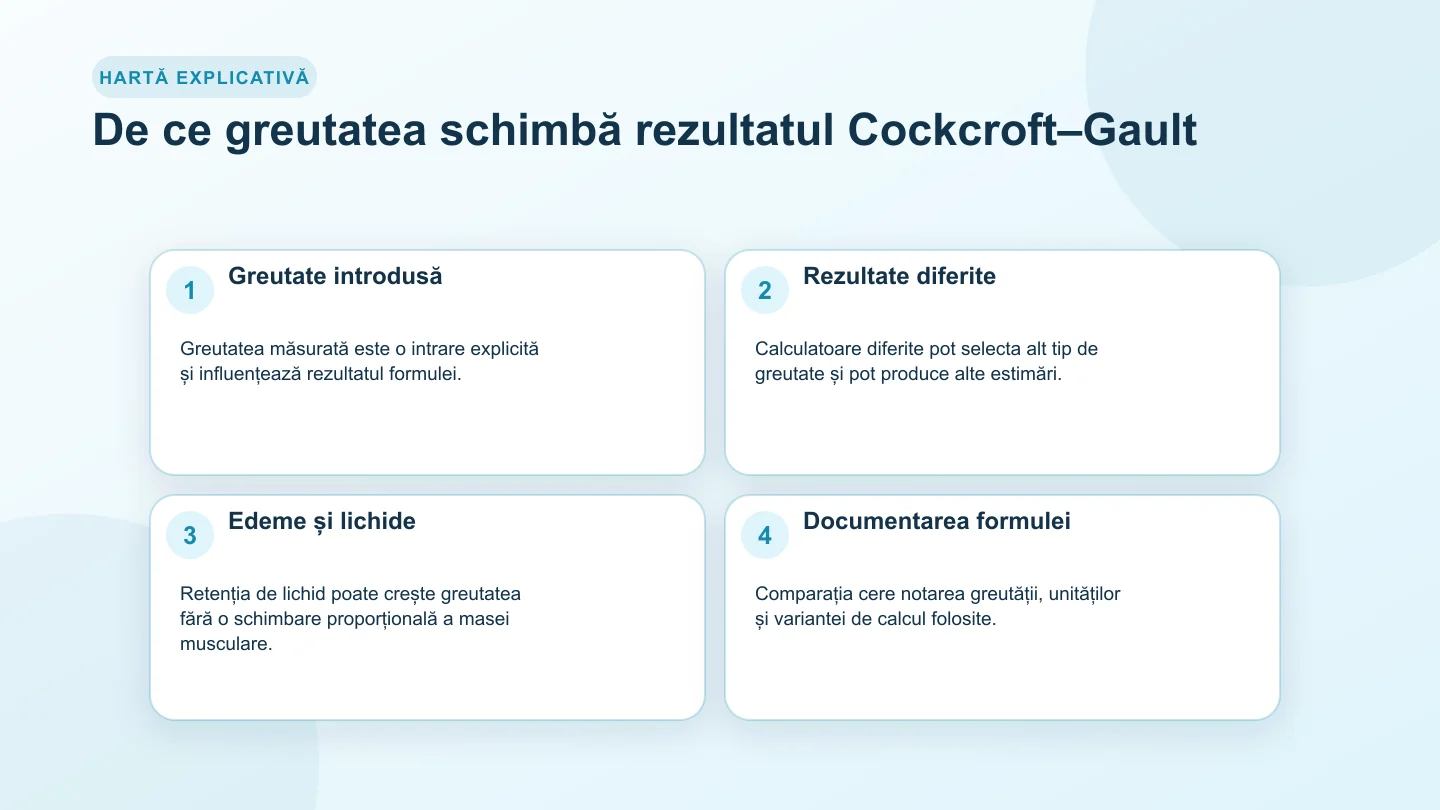 Hartă de decizie despre greutatea introdusă în Cockcroft–Gault, masa musculară, edeme și documentarea formulei