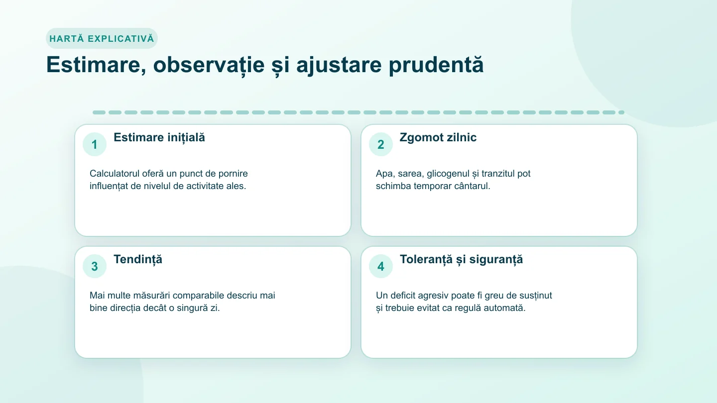 Cronologie cu estimarea deficitului, variațiile zilnice, tendința pe mai multe săptămâni și ajustarea prudentă