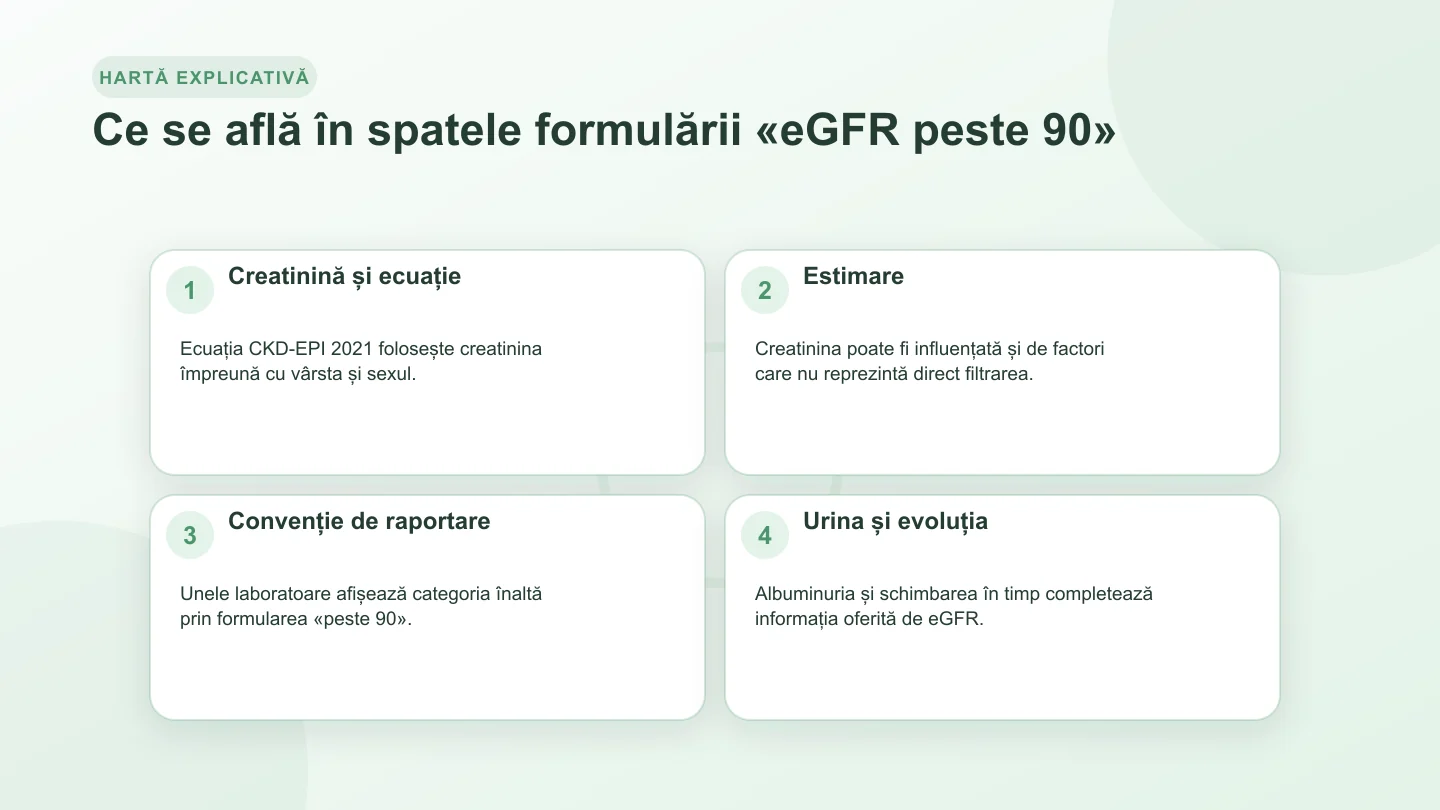 Hartă despre creatinină, ecuația eGFR, raportarea peste 90, albuminurie și evoluția funcției renale