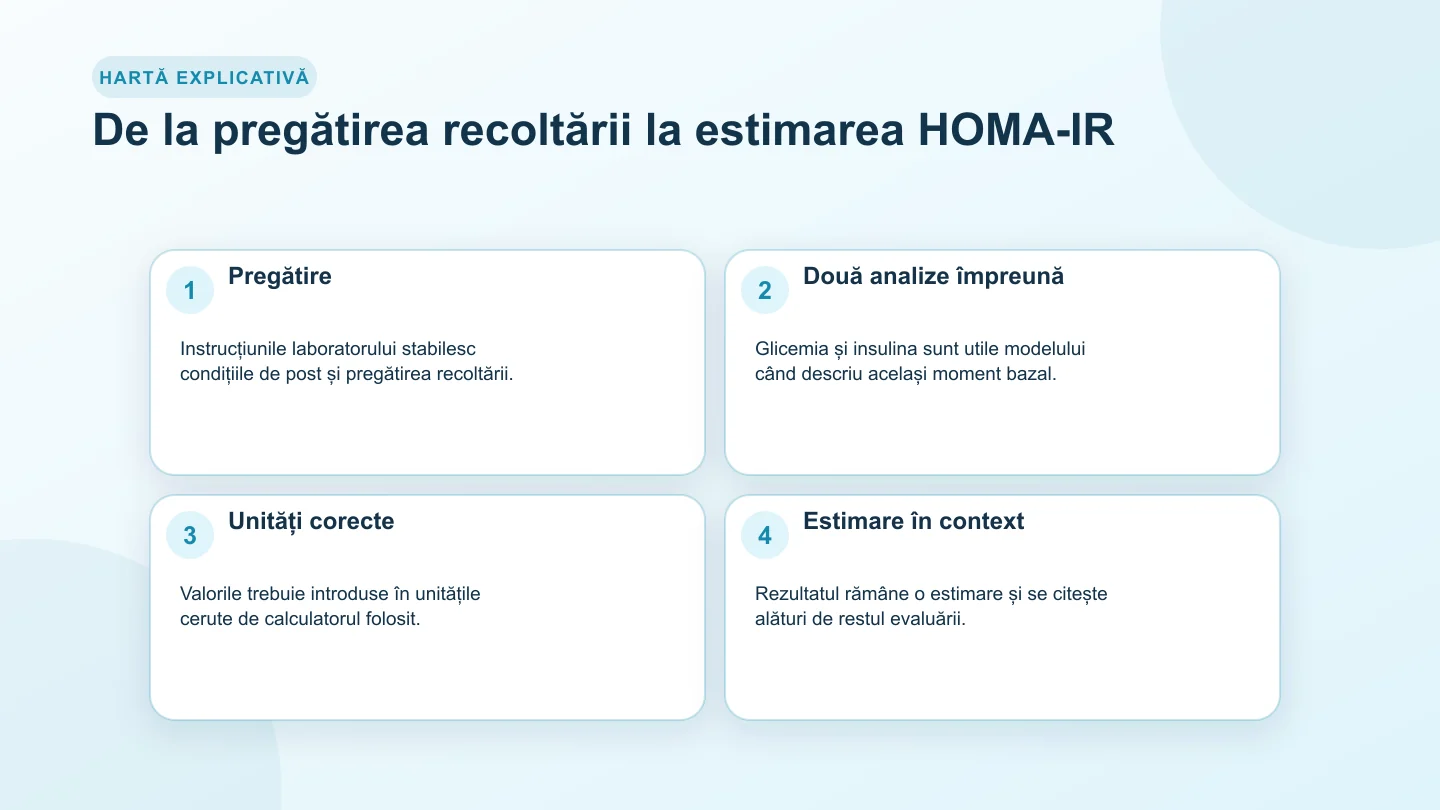 Proces în patru pași despre postul alimentar, recoltarea glicemiei și insulinei, unități și estimarea HOMA-IR