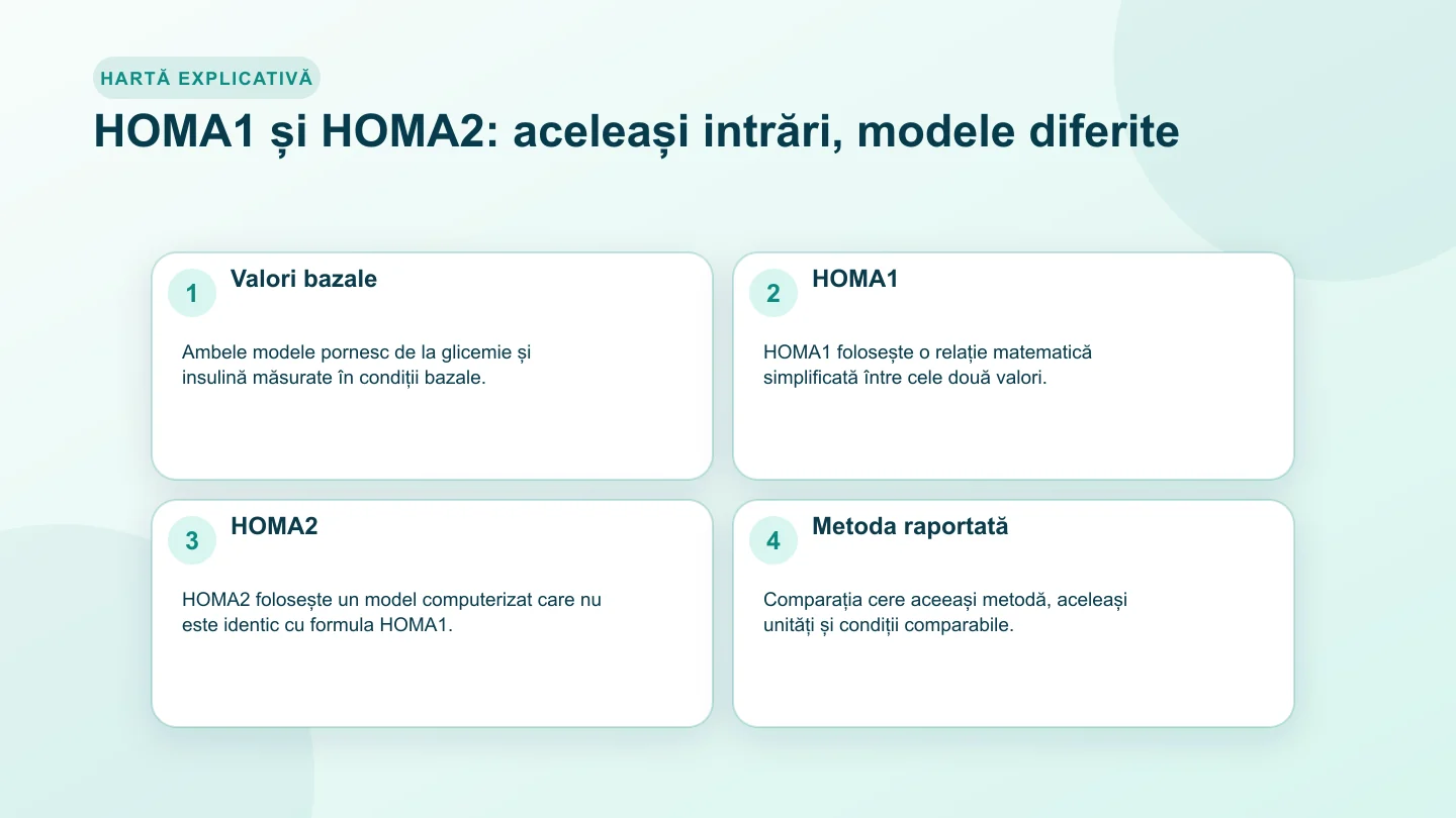 Comparație între HOMA1 și HOMA2 cu valorile bazale, modelele diferite și metoda raportată de laborator