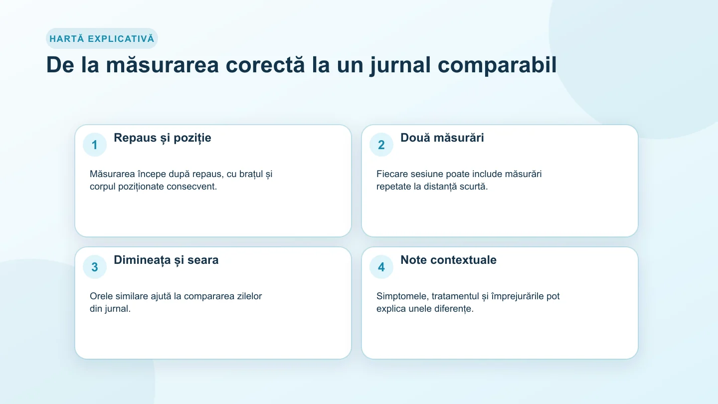 Proces pentru jurnalul tensiunii cu repaus, poziție corectă, măsurări repetate, ore comparabile și note de context