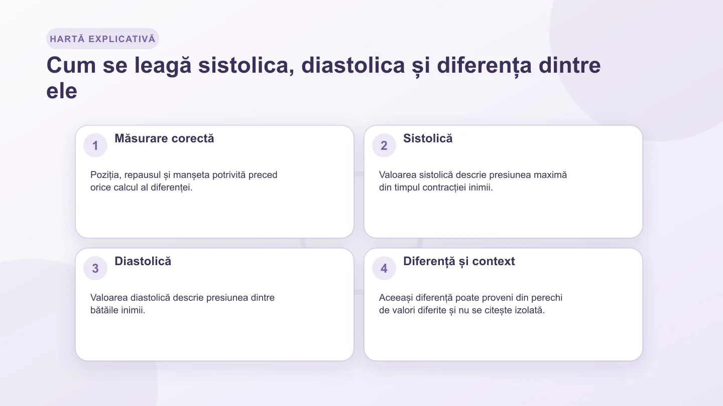 Hartă despre măsurarea tensiunii, valoarea sistolică, valoarea diastolică și diferența numită presiunea pulsului