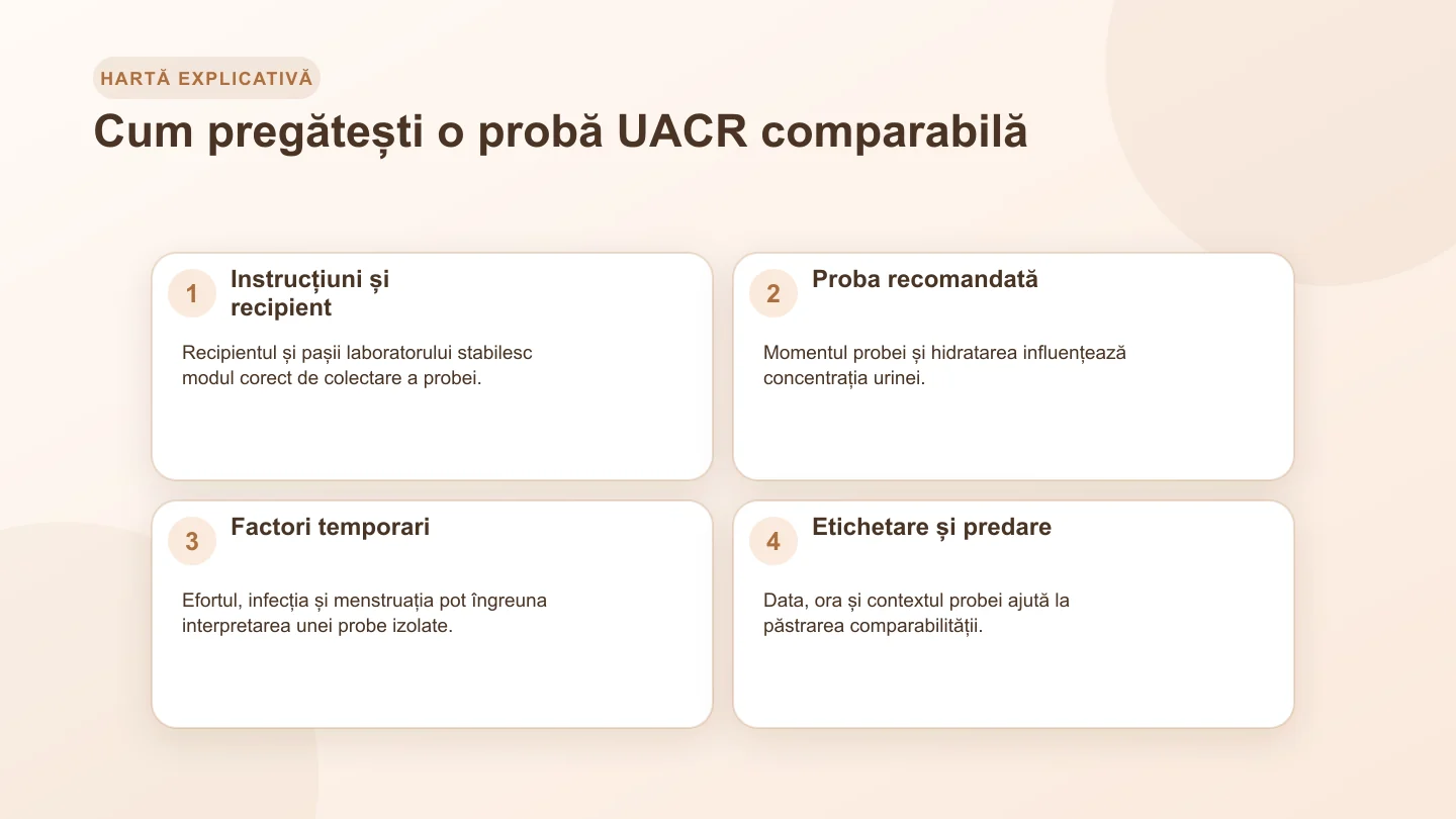 Proces pentru recoltarea UACR cu recipient, prima urină și factori temporari precum efortul, infecția și menstruația