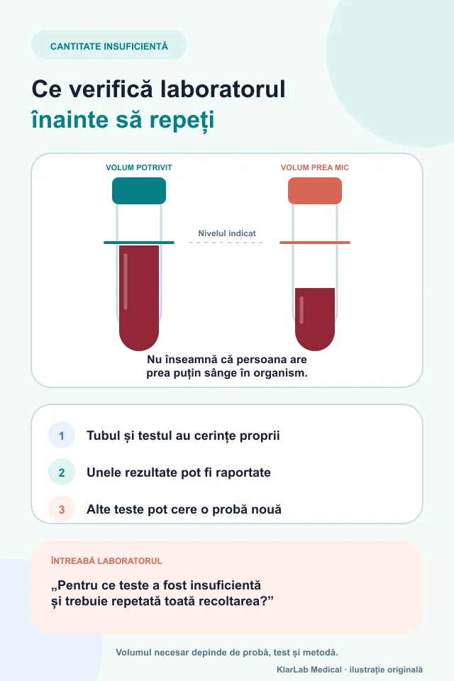 Tub cu volum potrivit și tub subumplut, urmate de pașii prin care laboratorul decide ce rezultate poate raporta