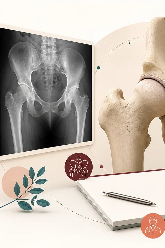 Hartă decizională verticală care leagă raportul de radiografie de semnele de coxartroză, simptome și întrebarea pentru RMN