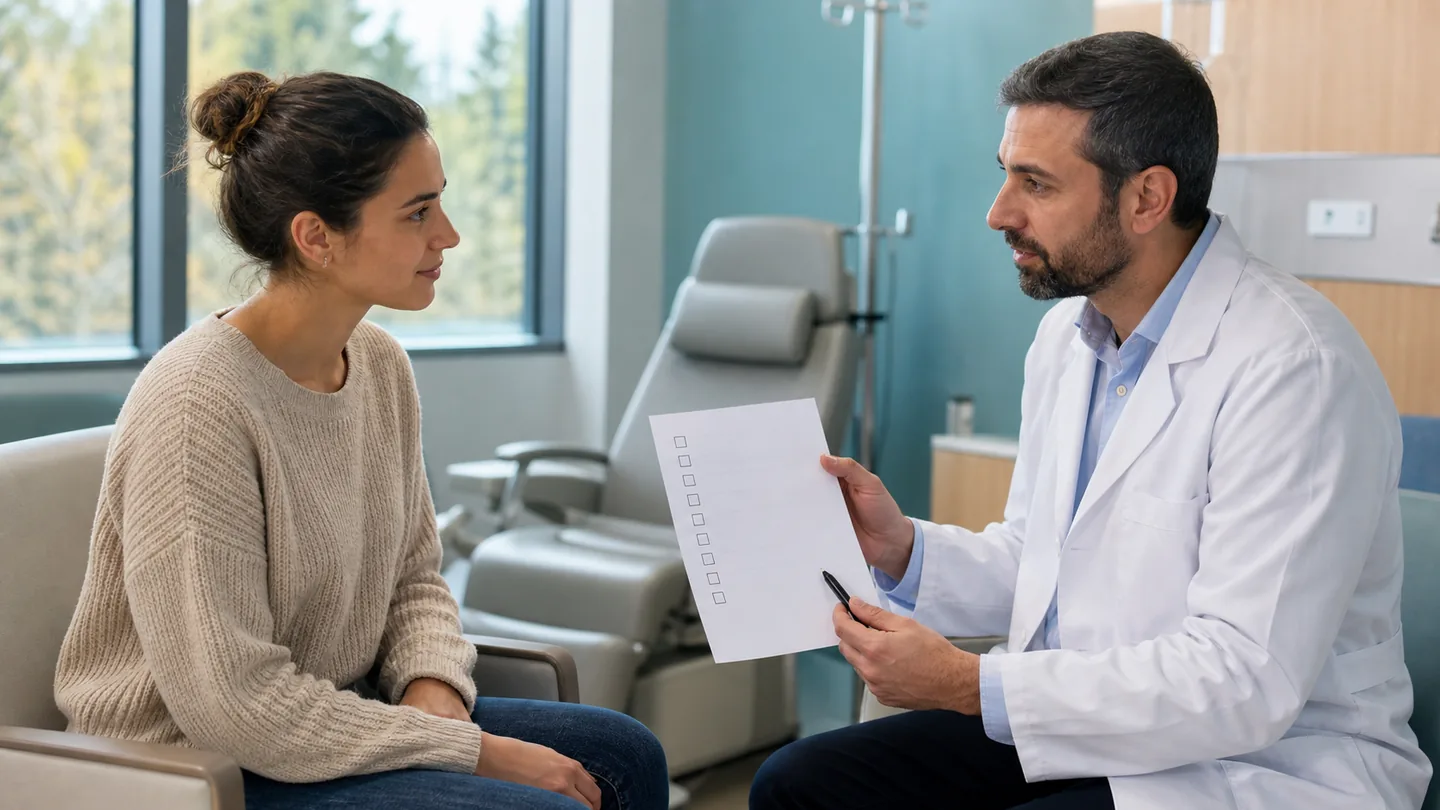 Pacient adult împreună cu o echipă clinică discutând etapele unei terapii cu celule stem editate genetic