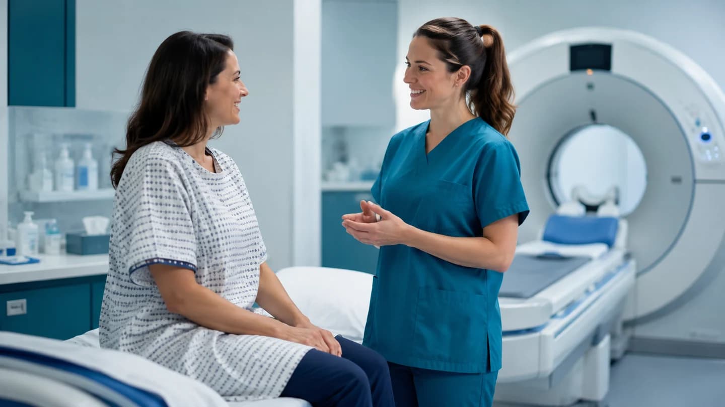 Pacientă discutând cu o asistentă de radiologie într-o sală CT, înaintea unei examinări cu substanță de contrast