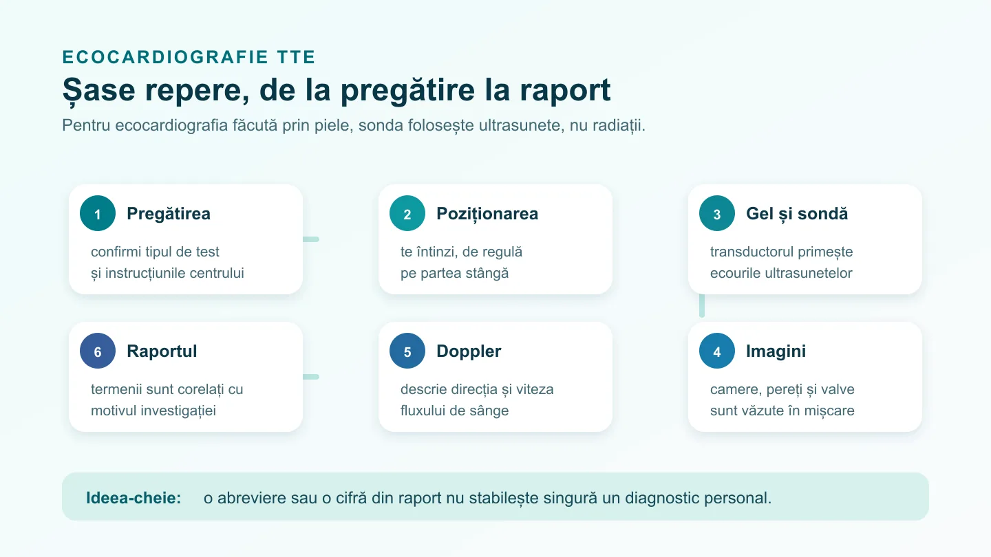 Hartă 16 pe 9 în șase pași a ecocardiografiei transtoracice: pregătire, poziționare, gel și sondă, imagini din mai multe ferestre, Doppler și măsurători, apoi raport