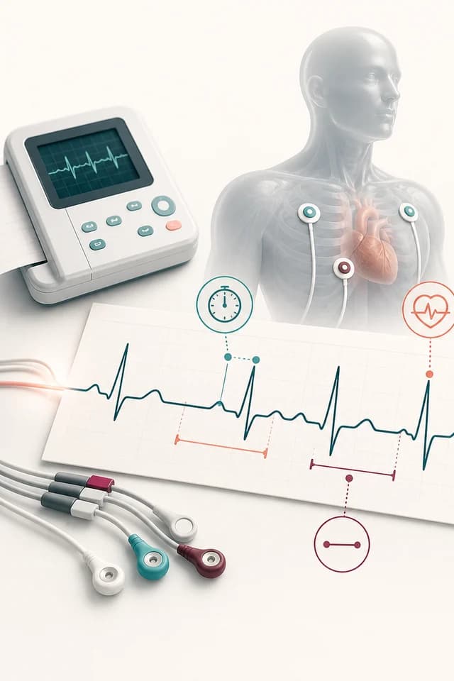 Hartă verticală de citire a raportului EKG de repaus: frecvență, ritm, ax, PR, QRS, QT/QTc, ST-T, morfologie și verificarea calității.