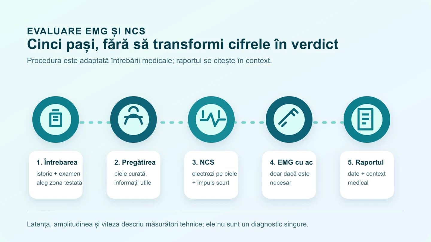 Hartă în cinci pași a evaluării EMG și NCS: pregătire, alegerea zonei, electrozi, EMG cu ac dacă este necesar și raport