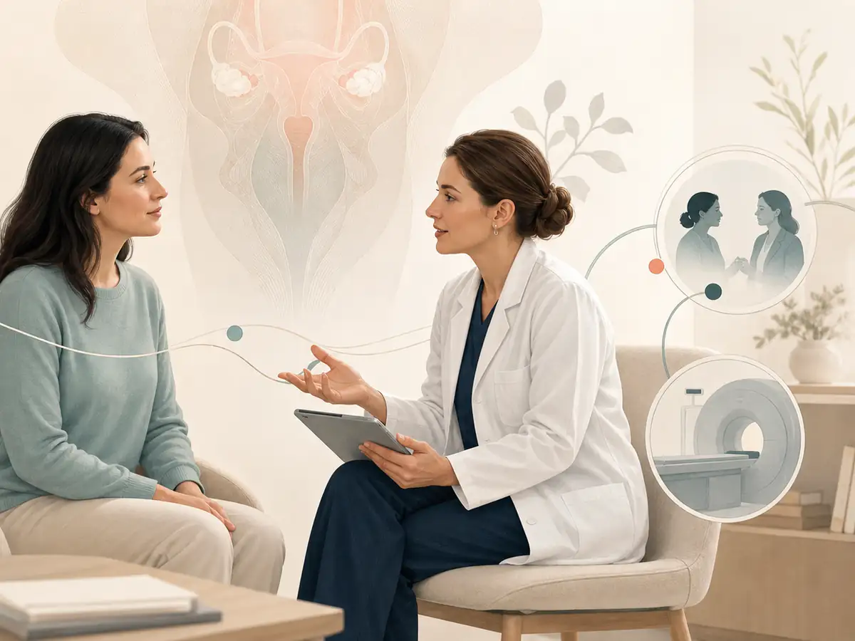 Hartă editorială despre endometrioza: ce este, simptome și cum este investigată și traseul general de evaluare.