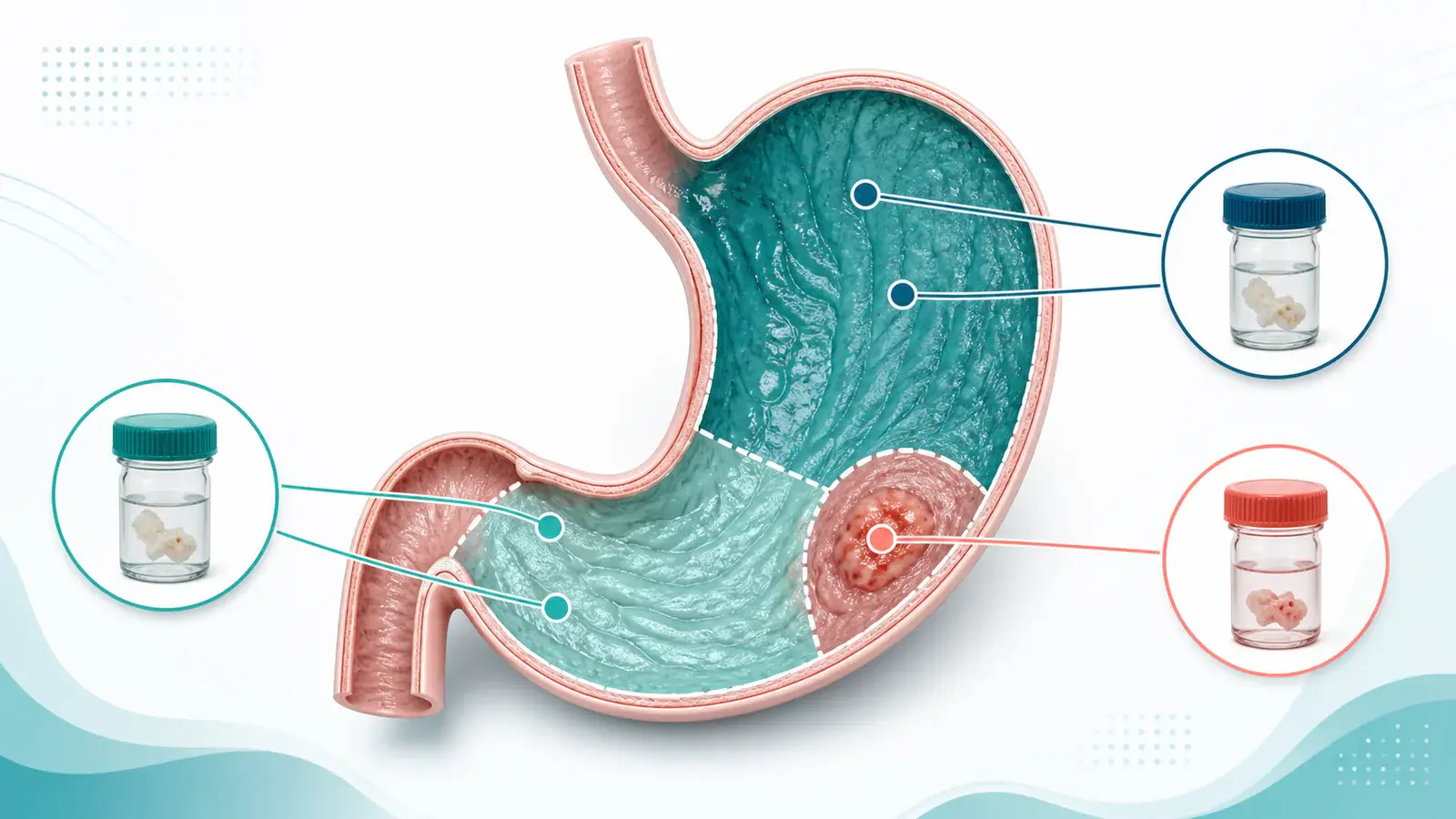 Hartă editorială simplificată a zonelor de biopsie gastrică: antru, incisură și corp