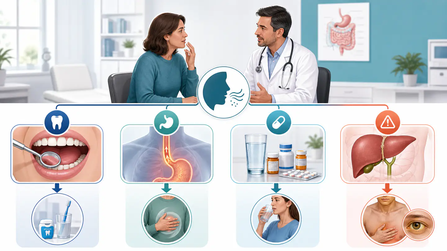 Hartă medicală cu trasee orientative pentru cauze orale, reflux, gură uscată și simptome biliare asociate gustului amar
