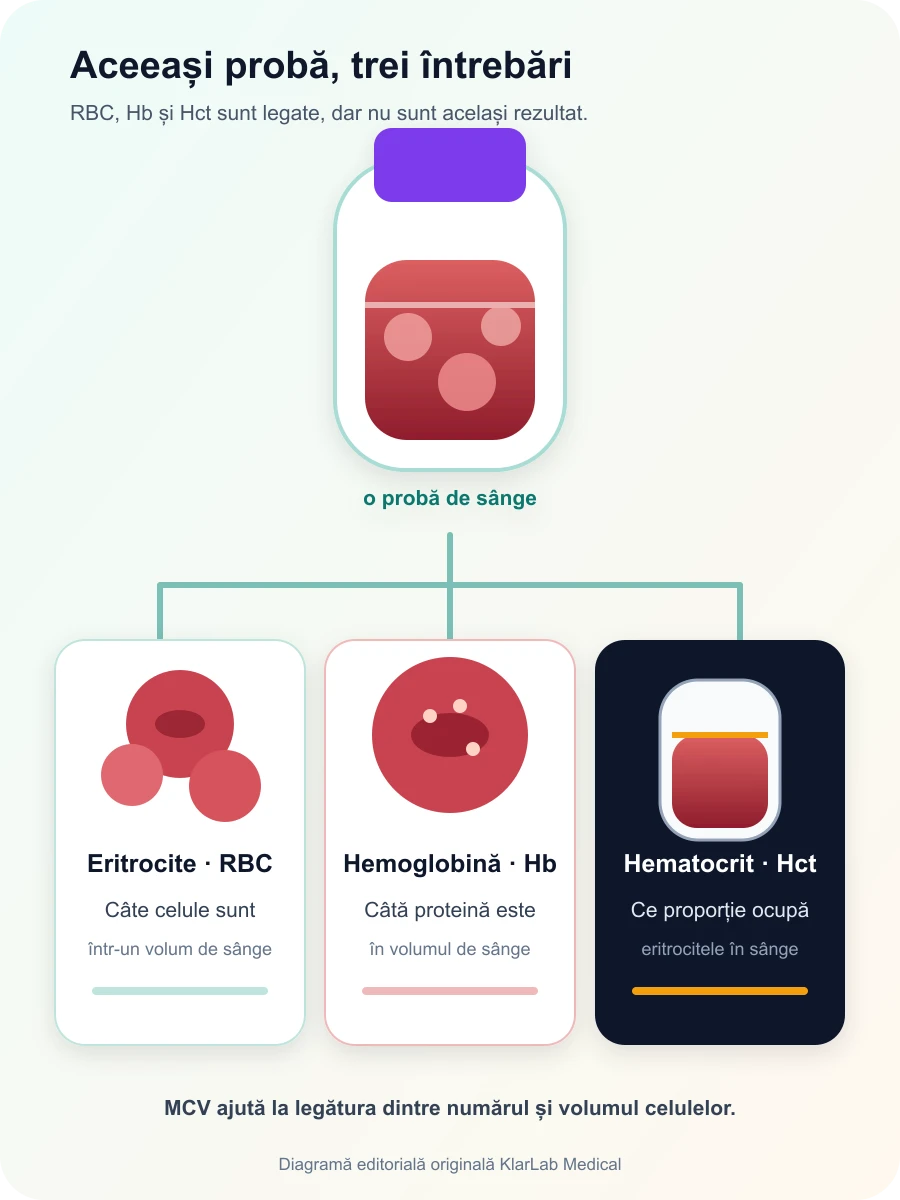 Diagramă verticală care compară numărul de eritrocite, hemoglobina, hematocritul și rolul MCV
