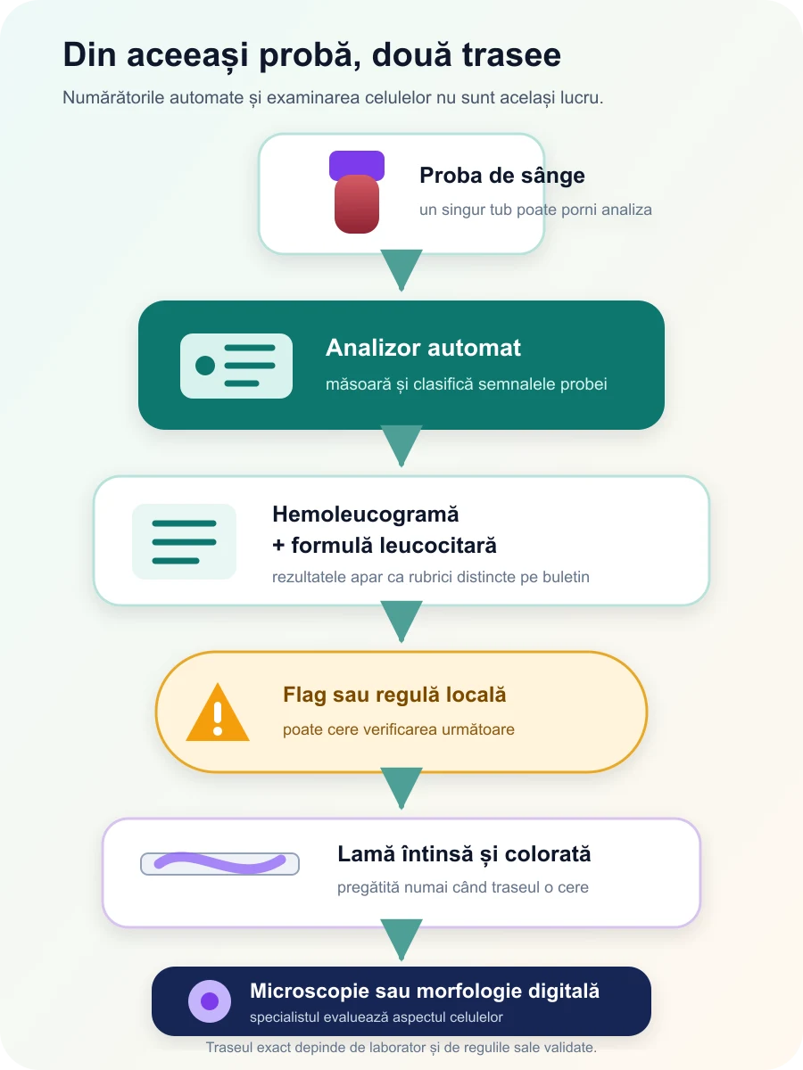 Diagramă verticală de la proba de sânge la analizor, hemoleucogramă, flag, lamă și microscopie