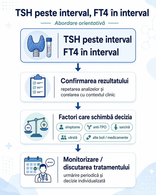 Hartă KlarLab: TSH peste interval și FT4 în interval, confirmarea rezultatului, factorii care schimbă decizia și alegerea între monitorizare și discutarea tratamentului
