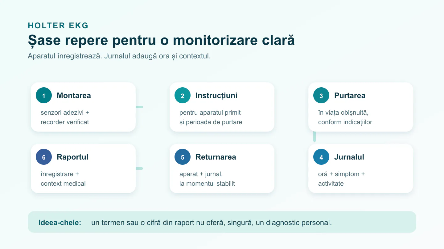 Hartă în șase pași a monitorizării Holter EKG: montare, instrucțiuni, purtare, jurnal, returnare și raport.