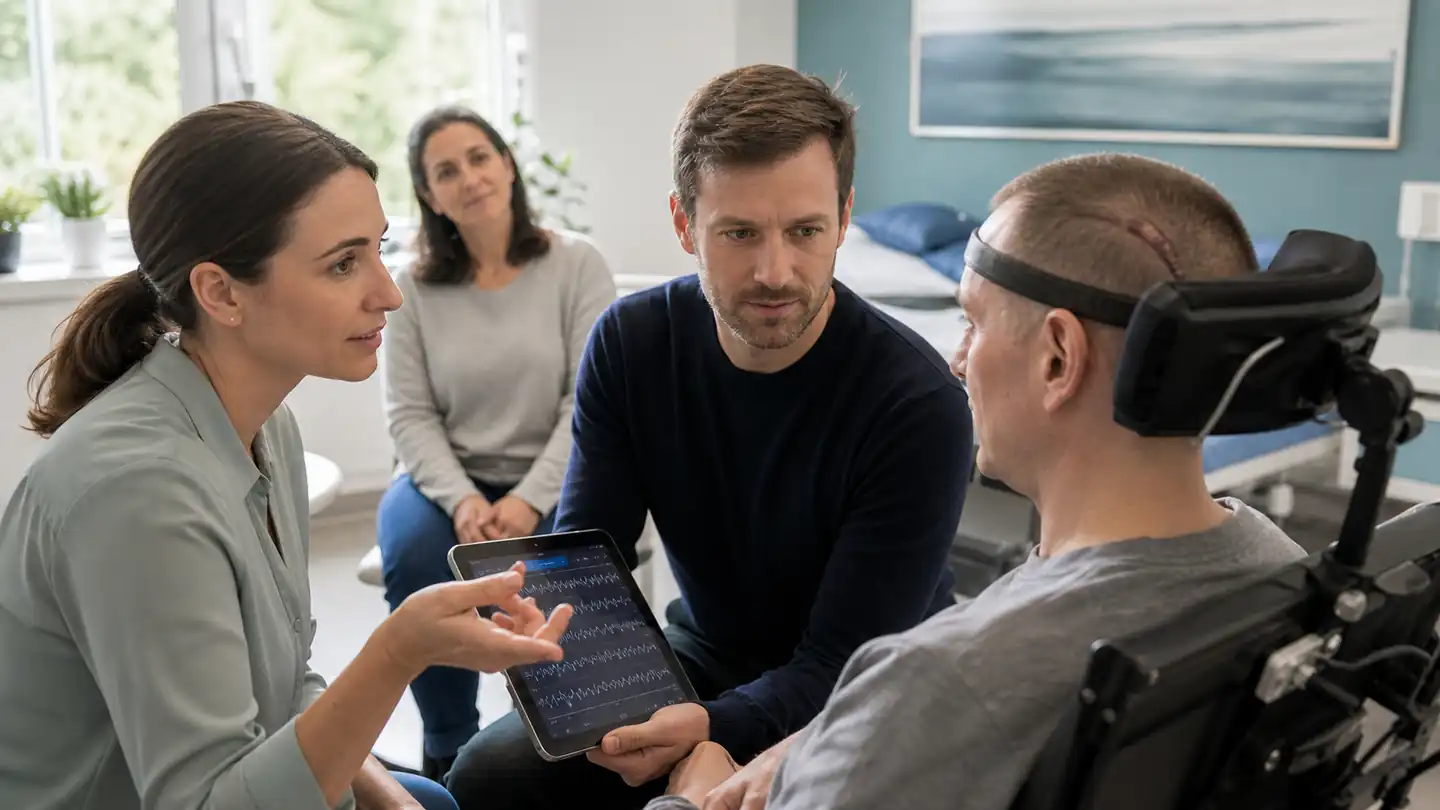 Echipă de neuroreabilitare care testează un sistem de comunicare asistată