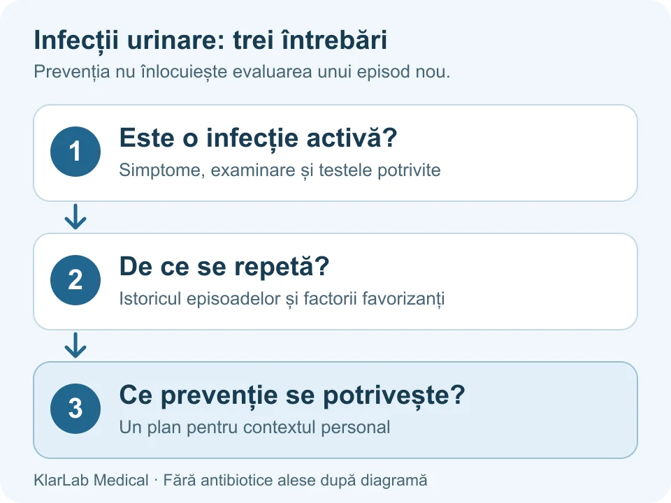 Trei întrebări legate: confirmarea unui episod urinar activ, evaluarea recurențelor și alegerea unei prevenții adaptate persoanei