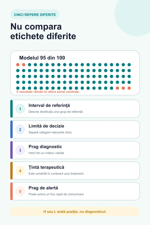 Diagramă cu 100 de rezultate și cinci repere diferite: interval de referință, limită de decizie, prag diagnostic, țintă terapeutică și prag de alertă sau limită critică