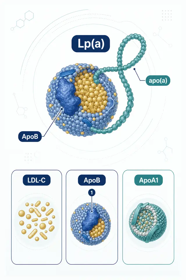 Lipoproteina(a) cu un nucleu asemănător LDL, o moleculă ApoB și lanțul apo(a), comparată separat cu LDL-C, ApoB și ApoA1