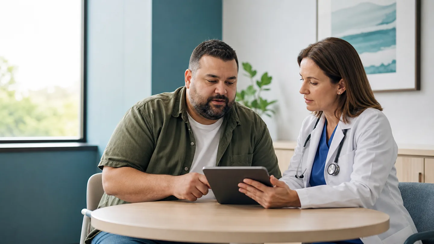 Medică și pacient analizând împreună informații pe o tabletă, într-o consultație de monitorizare