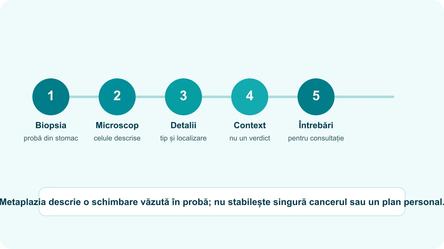 Diagramă în cinci pași: biopsie, microscop, detalii despre tip și localizare, context și întrebări pentru medic.