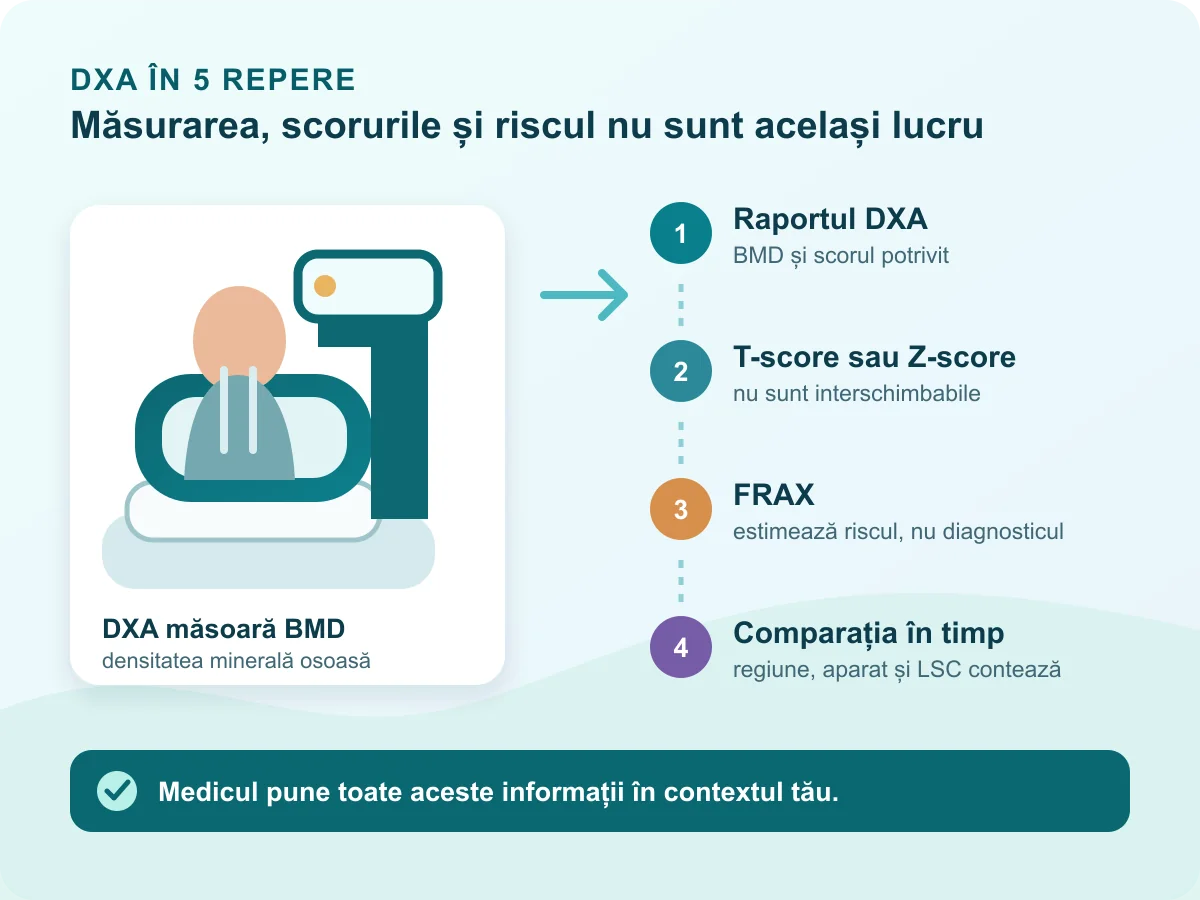 Parcursul unei osteodensitometrii DXA de la motivul investigației și zonele măsurate la raport, FRAX, comparația în timp și discuția medicală