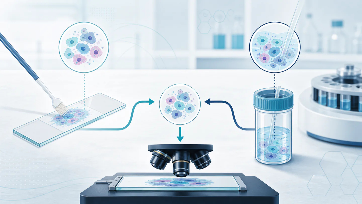 Diagramă de laborator cu celule citologice care ajung fie direct pe lamă, fie în recipient cu lichid, apoi la examinare microscopică