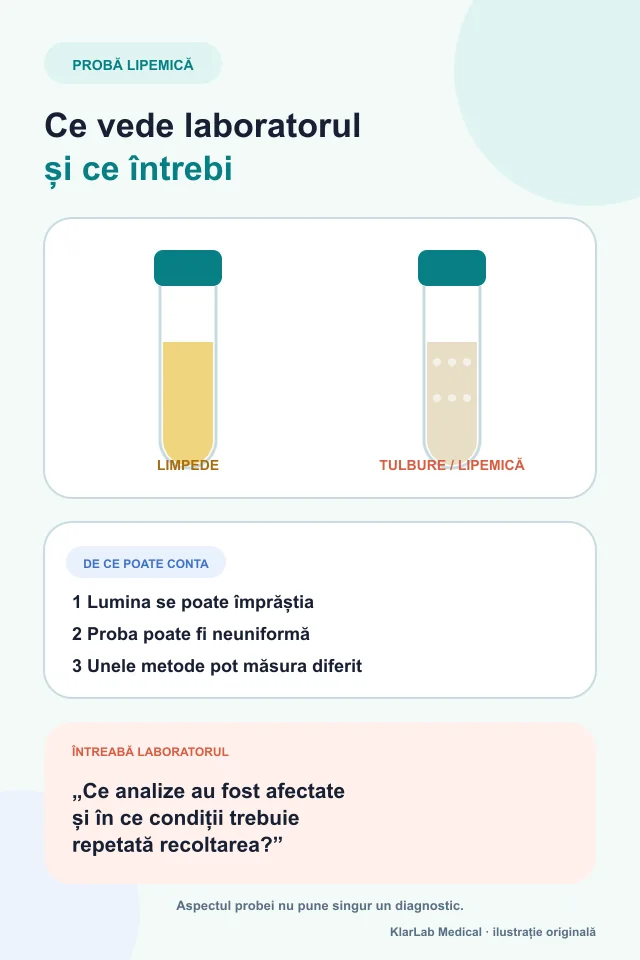 Comparație între o probă limpede și una lipemică și întrebarea utilă pentru laborator