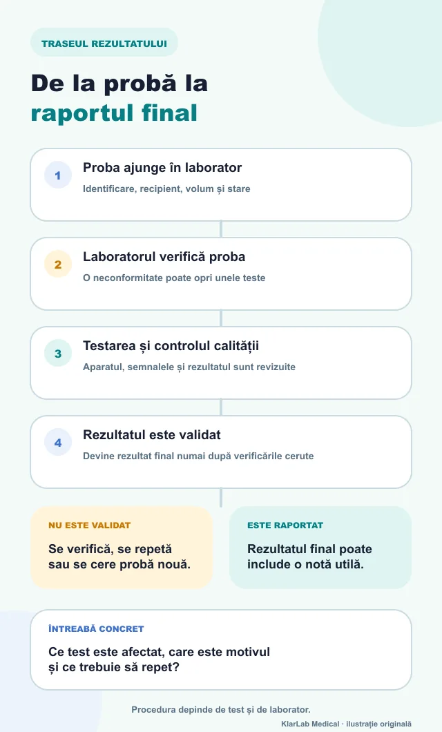 Traseul unei probe de laborator, de la verificare la testare și raport final, cu ramuri pentru rezultat nevalidat și recoltare nouă
