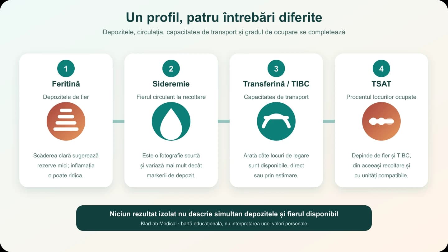 Hartă vizuală a relației dintre feritină, sideremie, transferină, TIBC, UIBC și TSAT