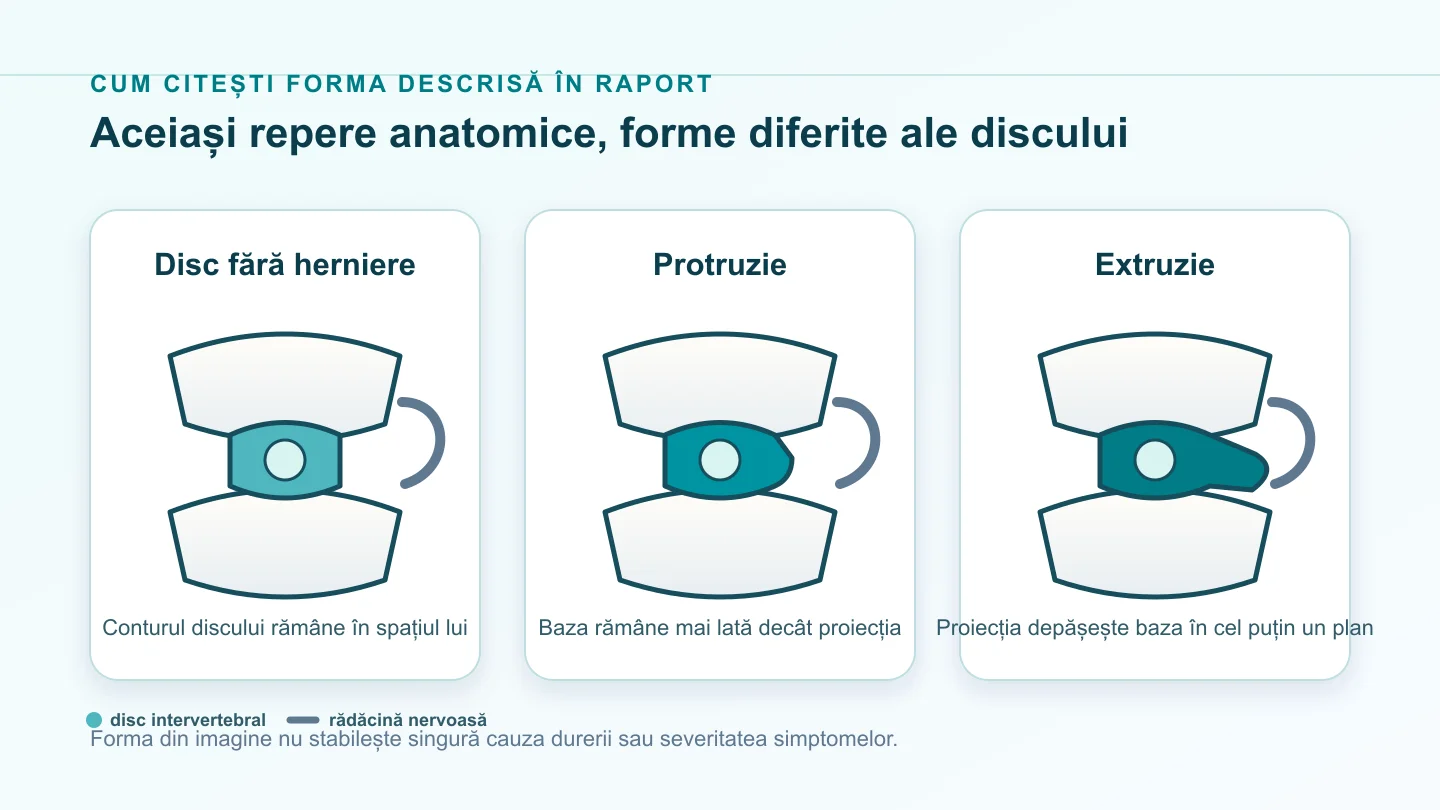 Trei panouri compară un disc fără herniere, o protruzie și o extruzie în raport cu rădăcina nervoasă.