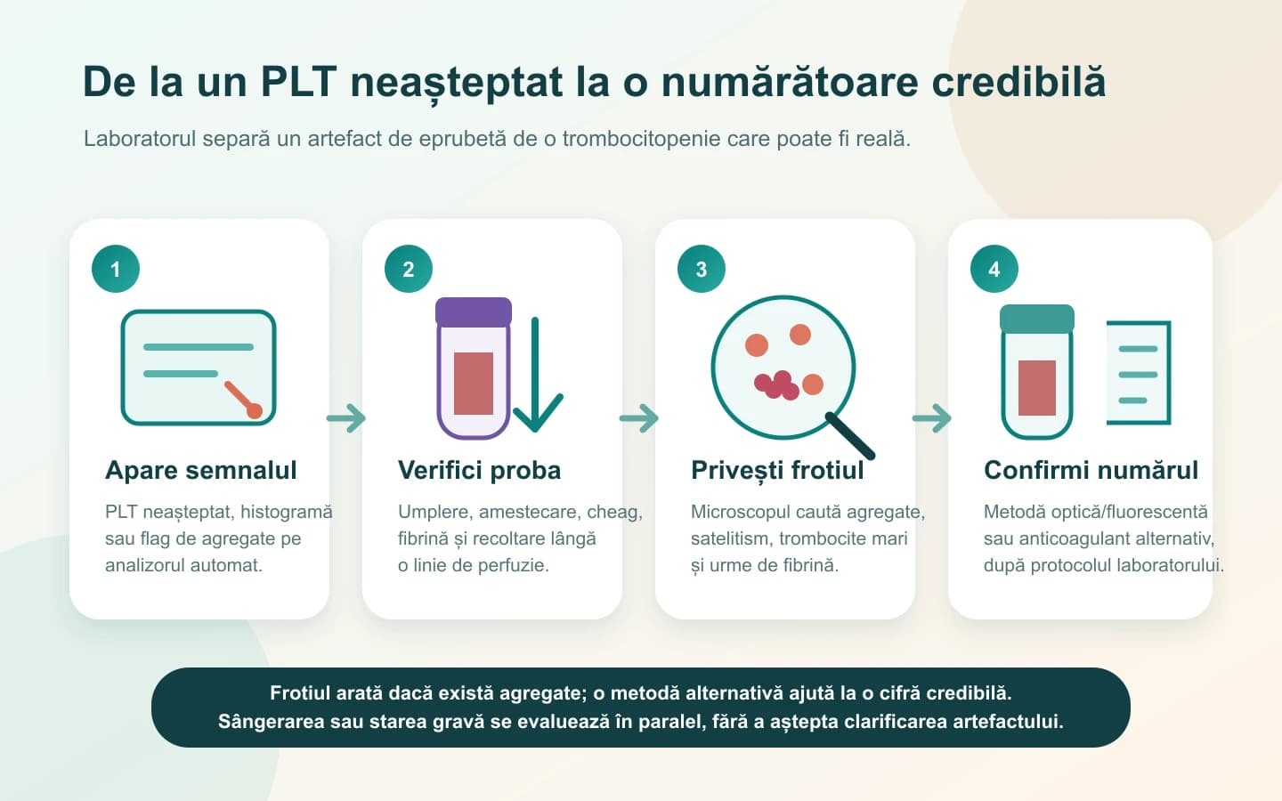 Hartă vizuală în patru pași despre verificarea unei numărători trombocitare posibil fals scăzute