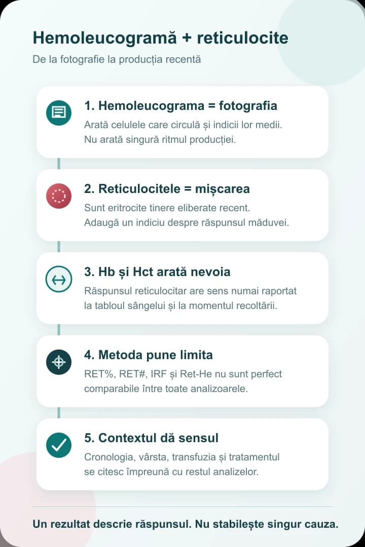 Hartă verticală în cinci pași despre hemoleucogramă, reticulocite, hemoglobină, metodă și context