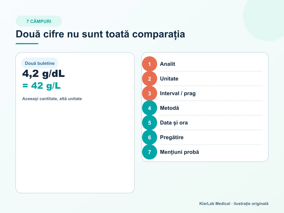 Checklist vizual cu șapte câmpuri pentru compararea analizelor