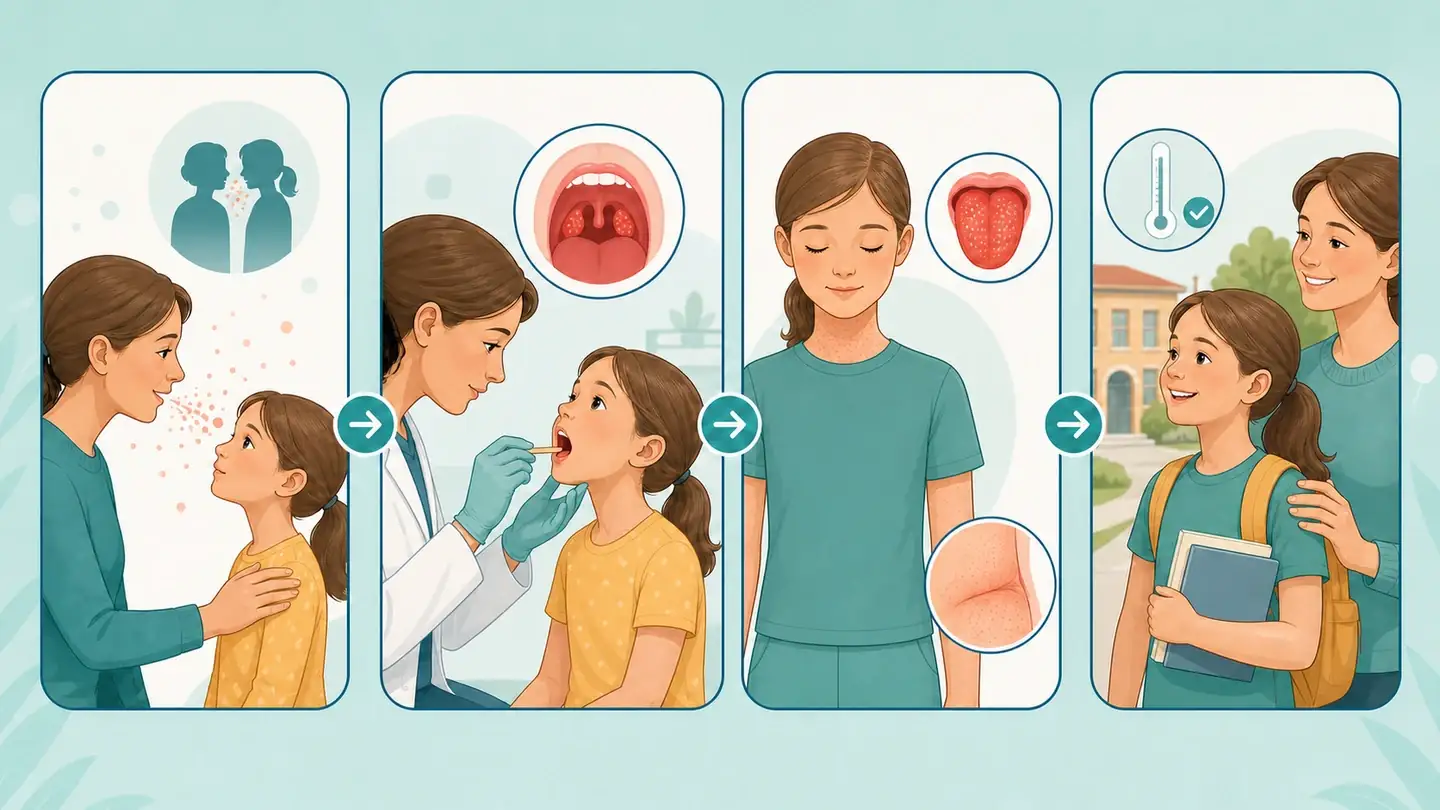 Infografic despre transmitere, examinarea gâtului, erupție și revenirea după scarlatină