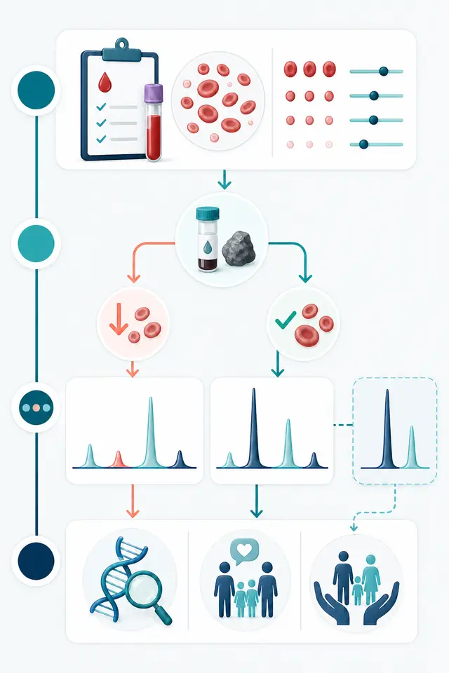 Diagramă verticală cu traseul hemoleucogramă, statusul fierului, HPLC sau electroforeză și testare genetică pentru talasemie